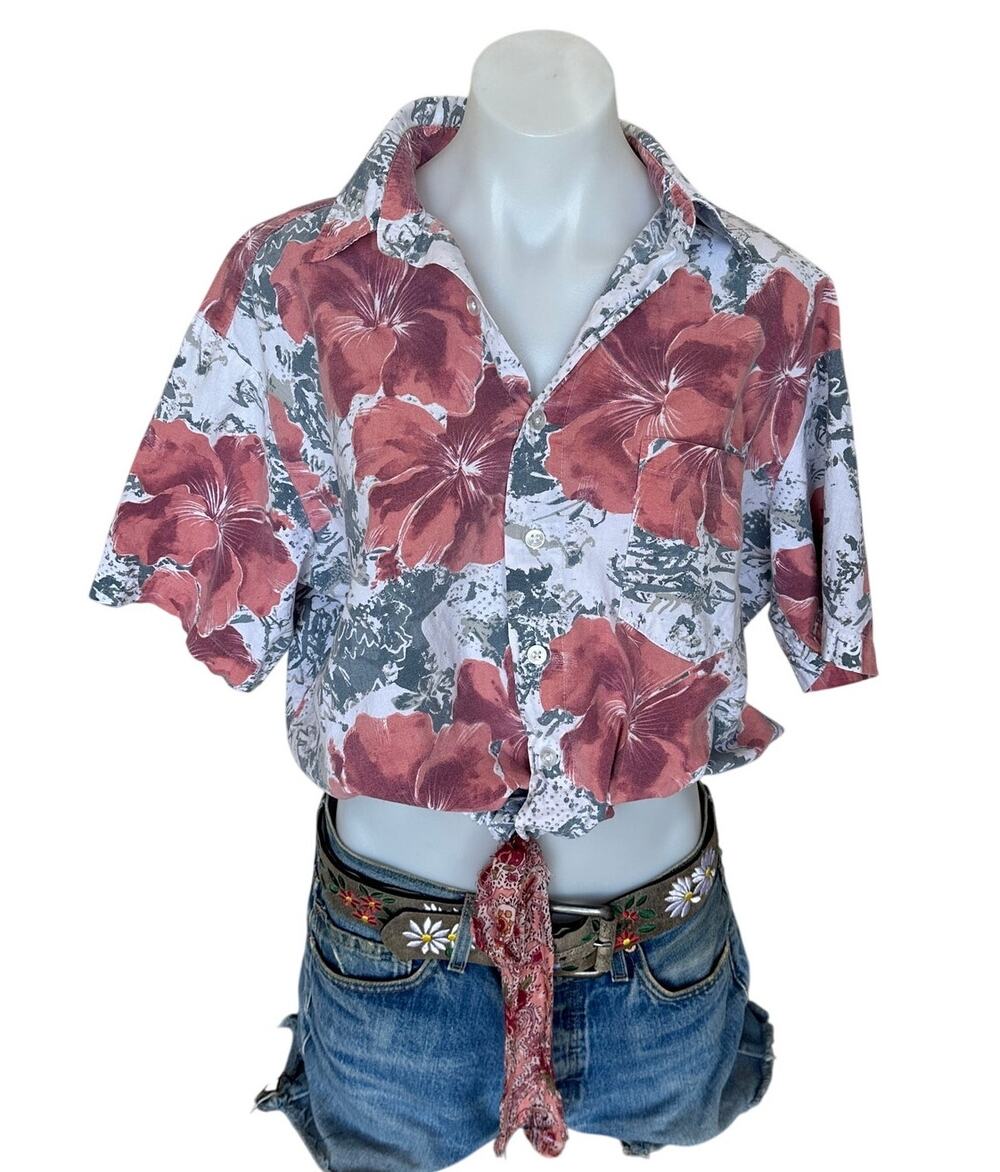 Hawaiian Shirt Tropical Button Down Crop Top One Size Oversized Hibiscus Unique